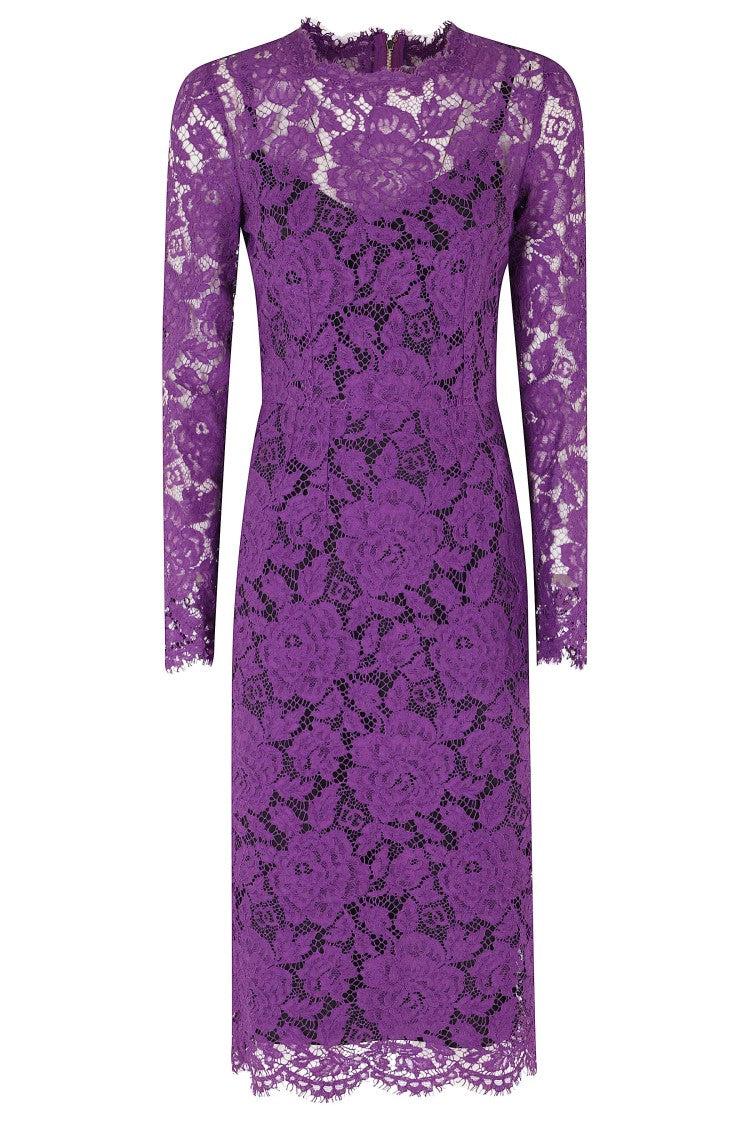 Dolce & Gabbana Purple Round Neck Scalloped Hems Cotton-Blend Midi Dress