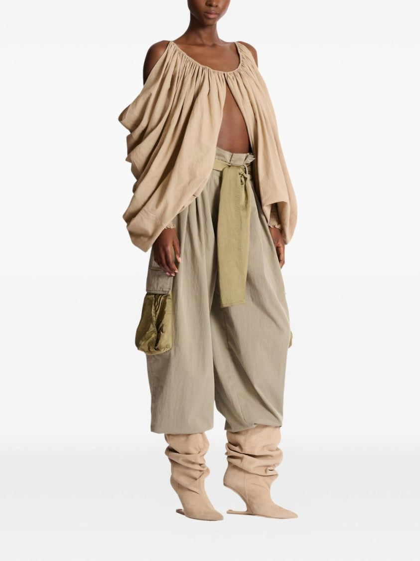 Balmain Beige Gathered Cut Out Cotton Top