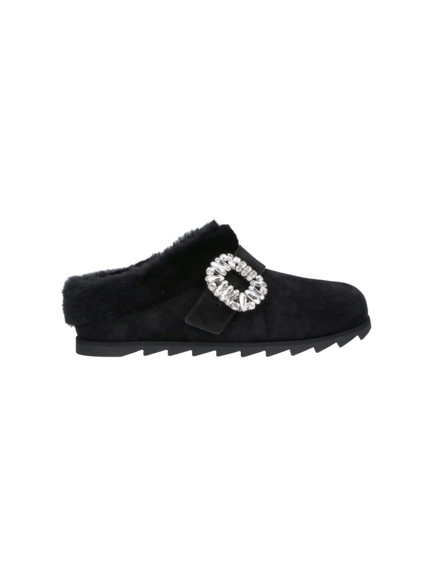 Roger Vivier Black Slidy Viv' Shearling Lined Suede Mules