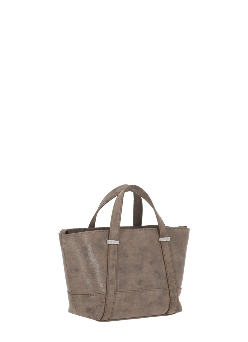 Peserico Brown Suede Bag With Rhinestone Embellishments And Removable Strap