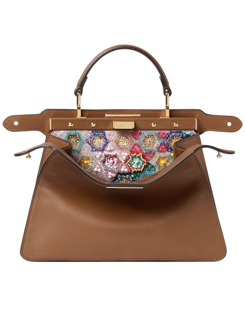 Fendi Structured Calf Leather Handbag With Beaded Flap And Gold-Tone Hardware