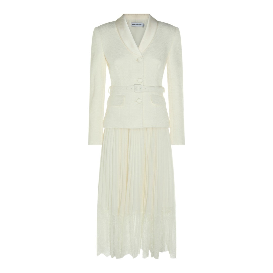 Self-Portrait Tailored Cream Midi Dress With Removable Belt And Lace Detailing