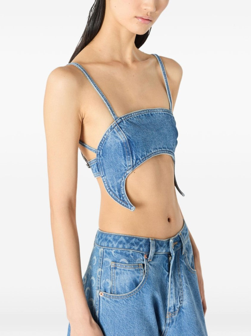 Marine Serre Blue Cropped Denim Cut-Out Top