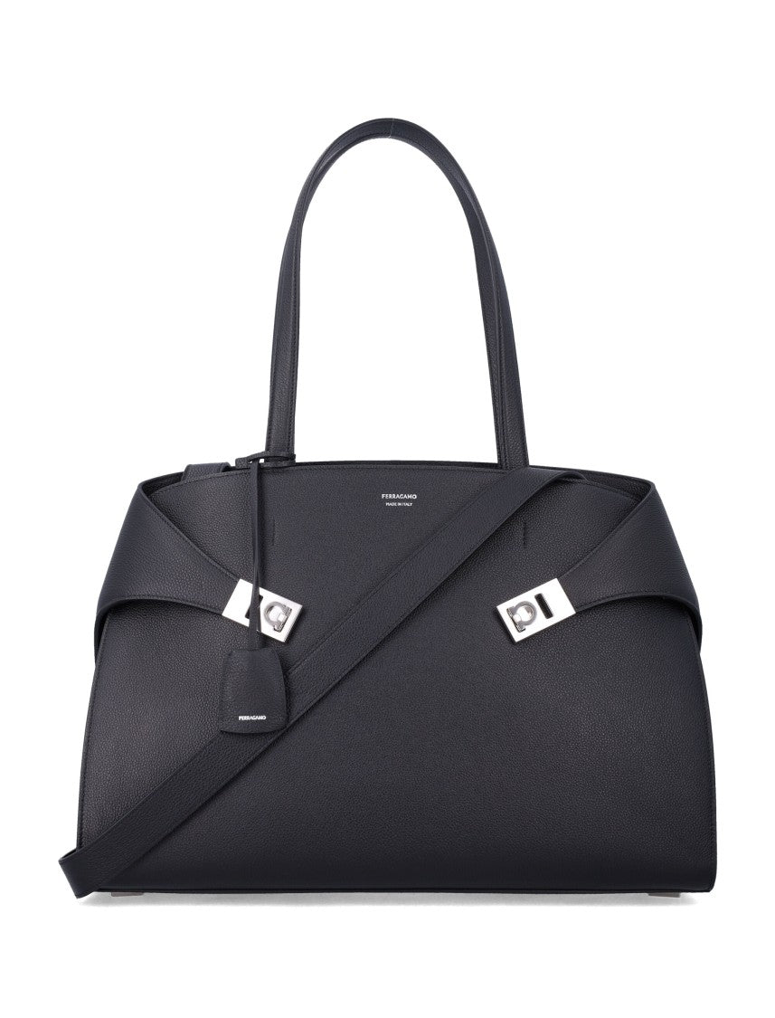 Ferragamo Hug Shoulder Bag In Hammered Leather With Silver Metal Hardware