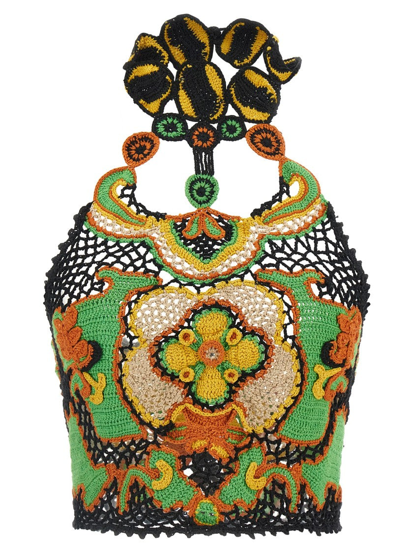 Etro Floral-Pattern Crochet Top With American Neckline And Back Button Closure