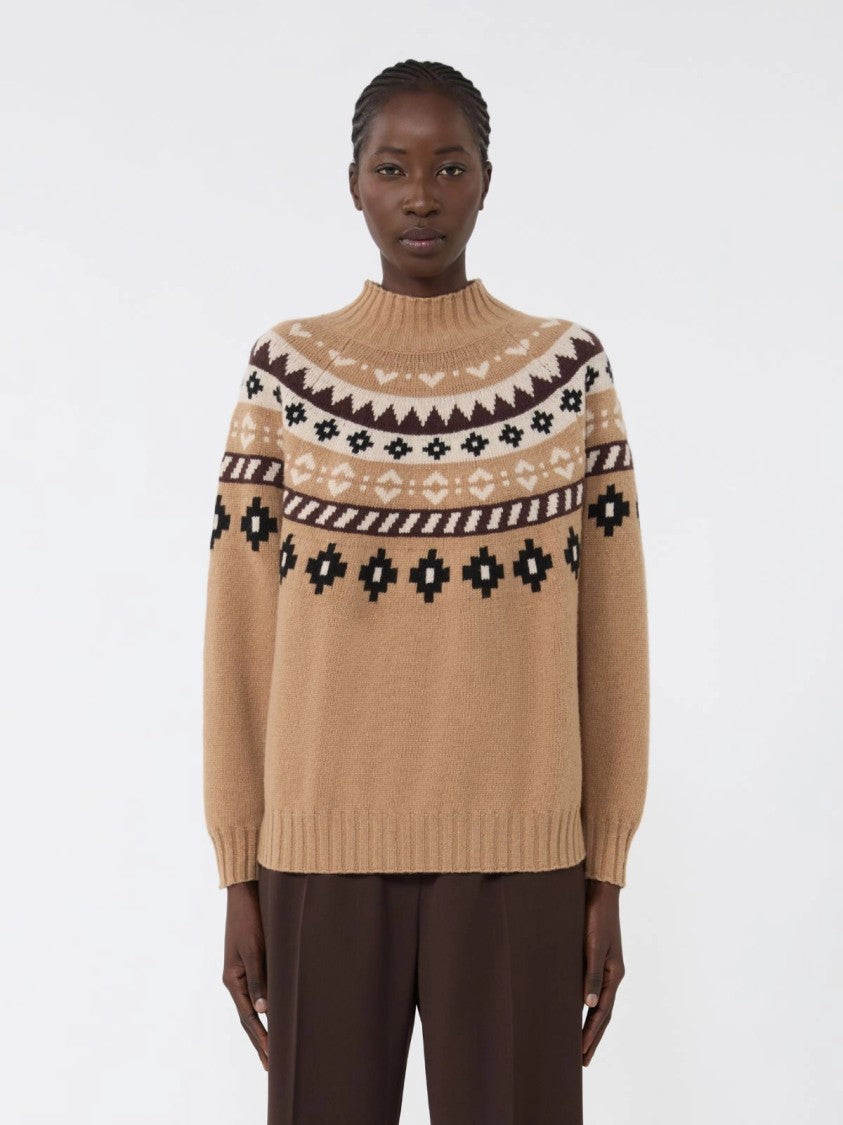 Max Mara Brown Knit Sweater With Patterned Yoke