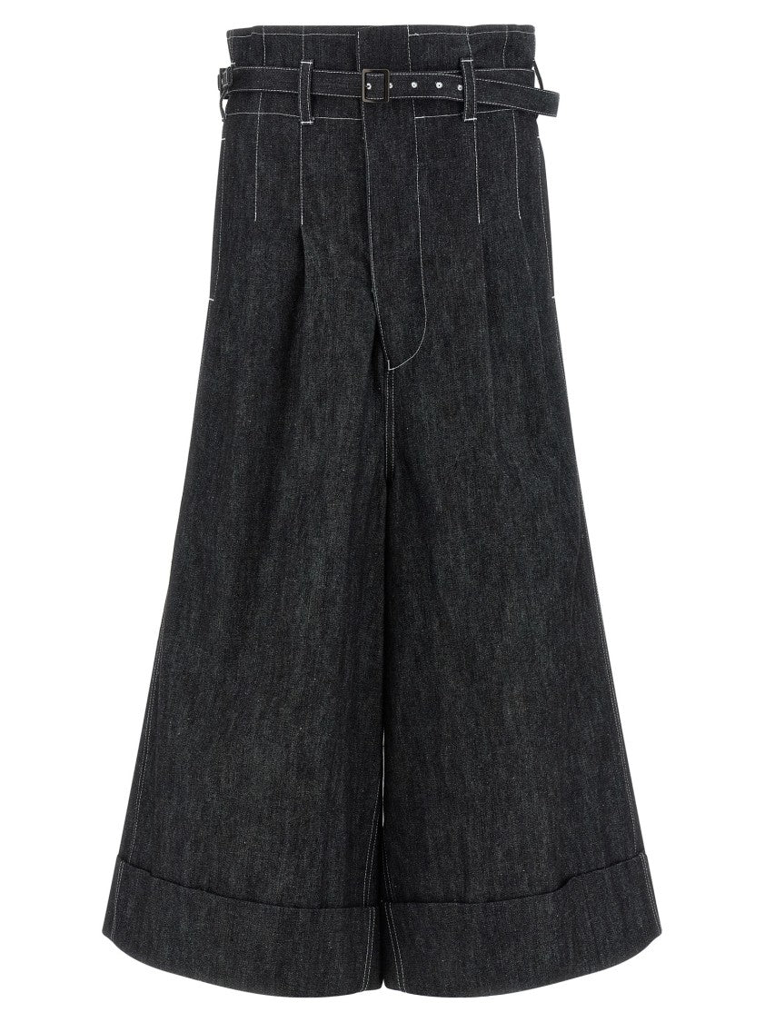 Junya Watanabe Cropped Black Jeans With Wide Flared Legs And Removable Belt