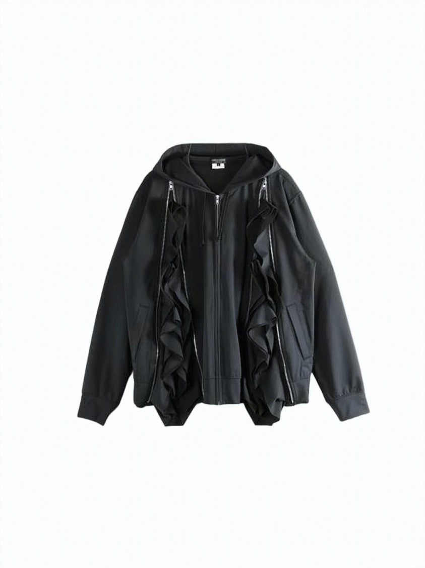 Comme Des Garçons Textured Black Hoodie With Unique Ruffled Details