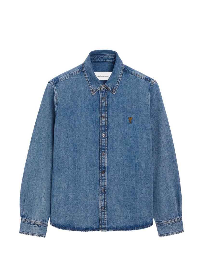 Ami Paris Button-Down Denim Shirt With Subtle Fading