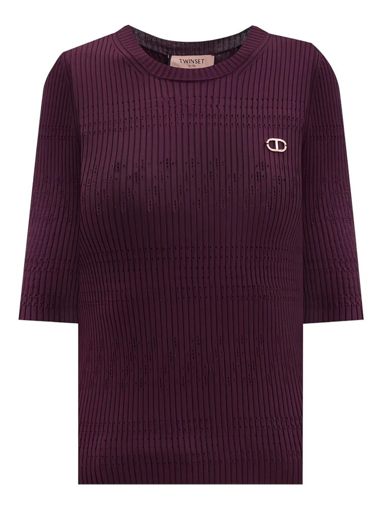 Twin-Set Ribbed Knit Sweater With Perforated Detailing And Cropped Fit