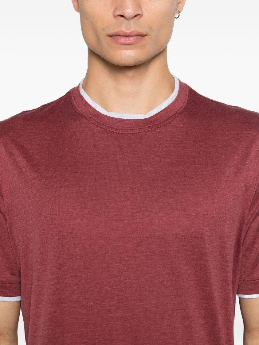 Brunello Cucinelli Red Contrasting Crew Neck Cotton T-Shirt