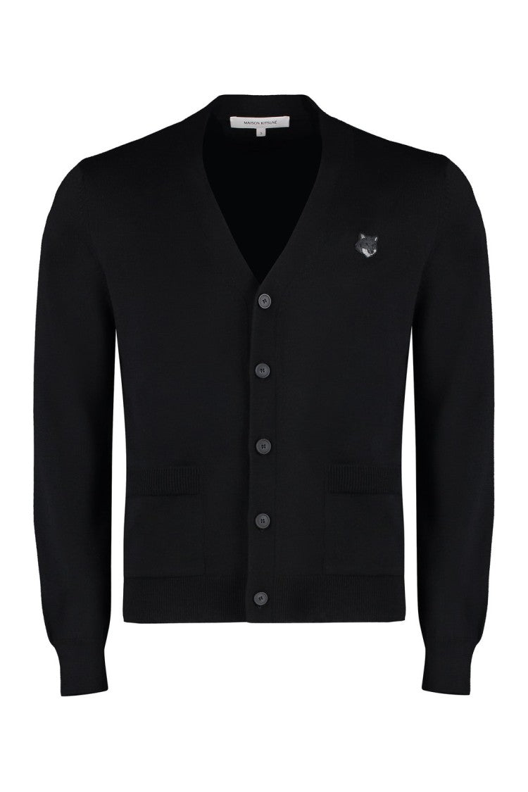 Maison Kitsuné Black Wool Cardigan With V-Neckline And Embroidered Fox Emblem