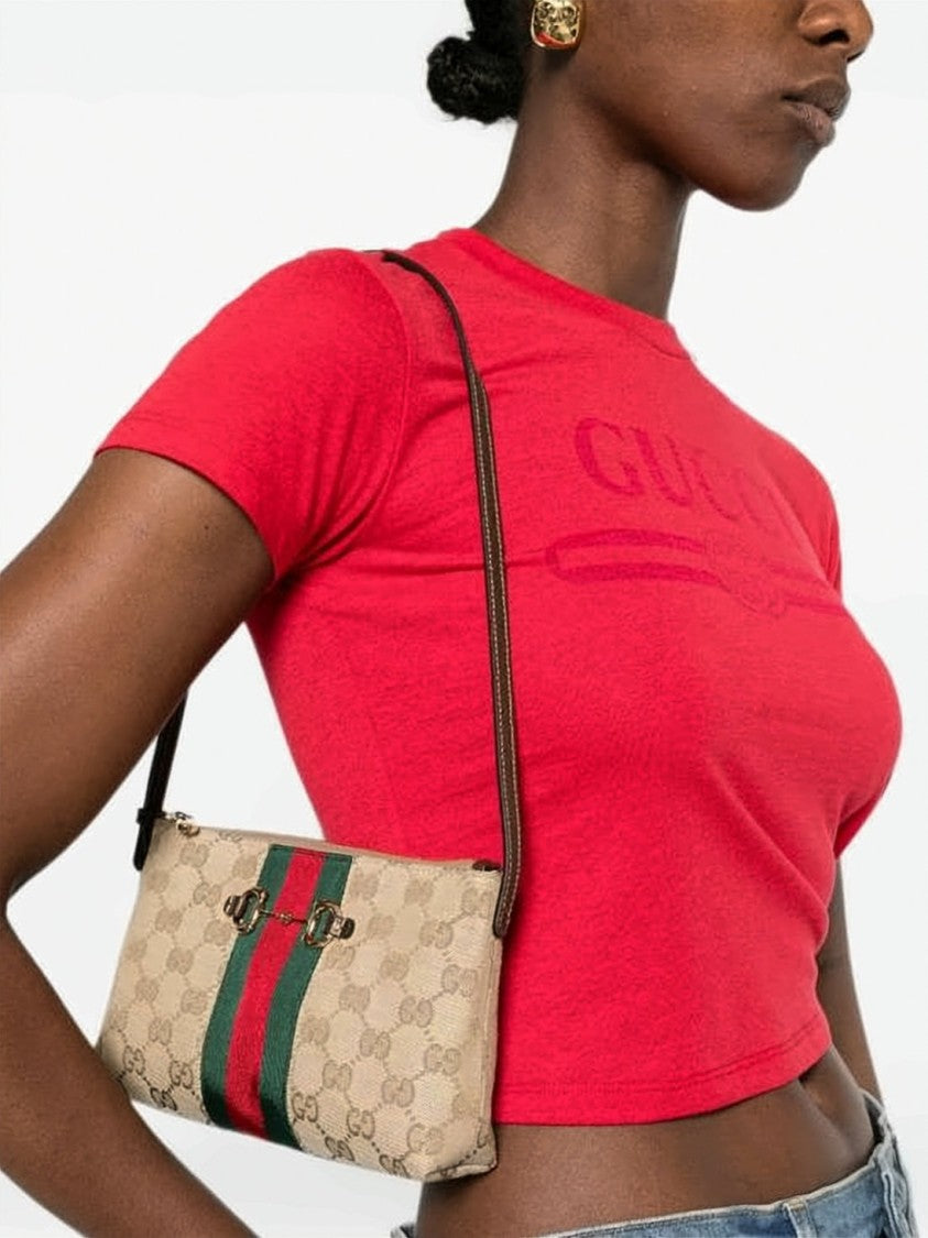 Gucci Rectangular Canvas Crossbody Bag With Monogram Pattern And Horsebit Hardware