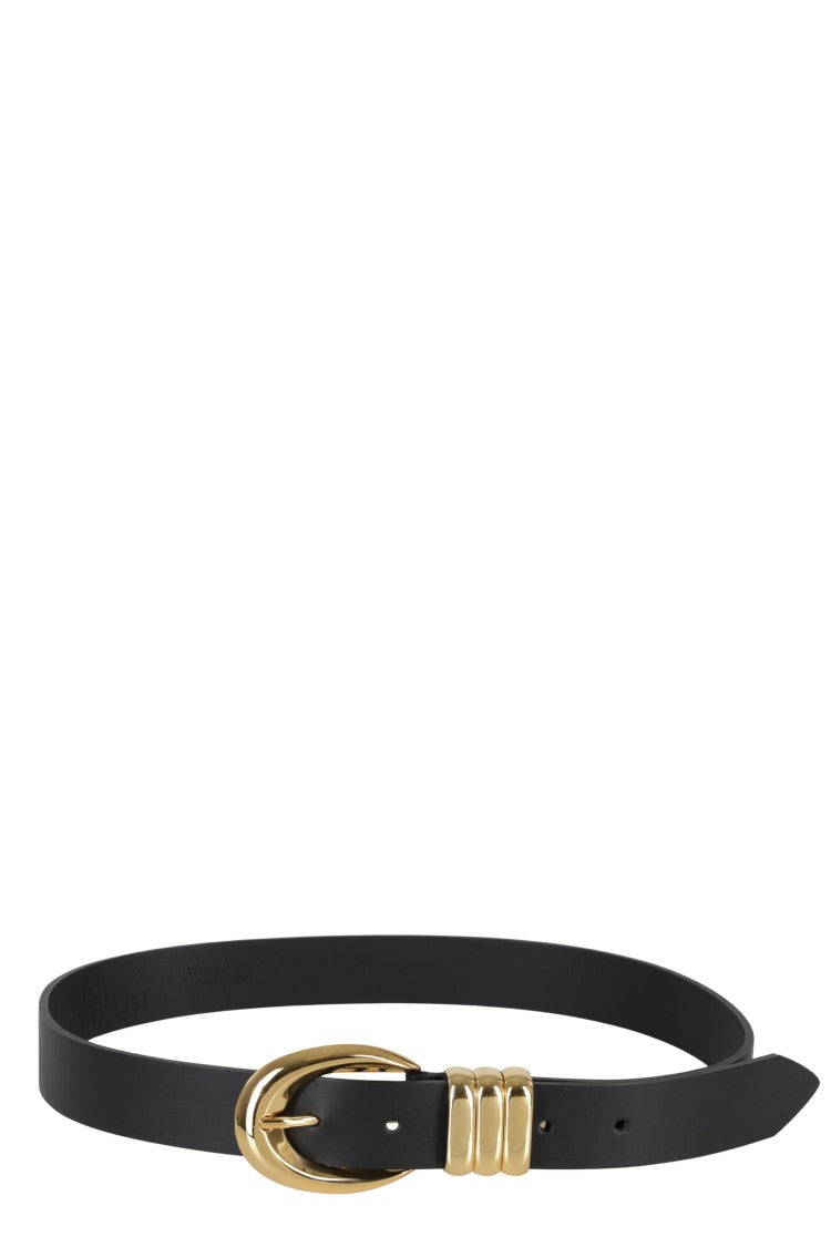 Federica Tosi Slim Black Leather Belt With Polished Gold Accents