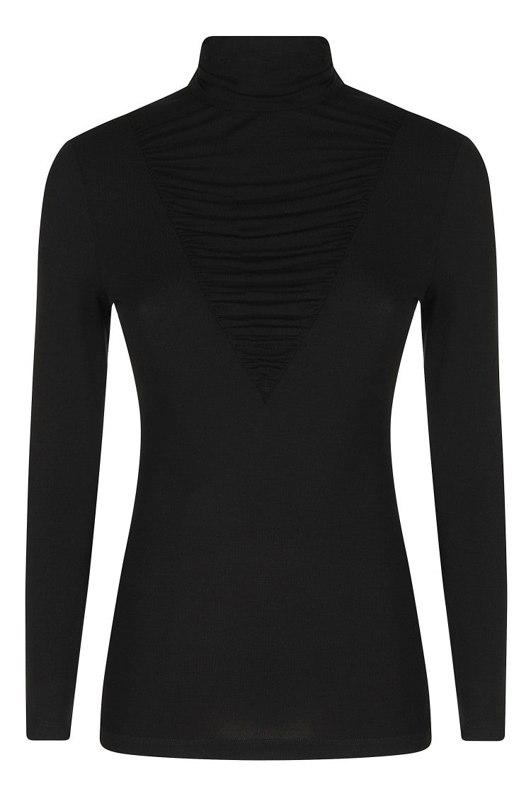 Nissa Black High Neck Gathered Lyocell-Blend Top