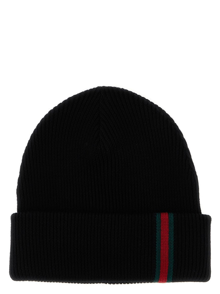 Gucci Ribbed Wool Beanie With Distinctive Web Detail