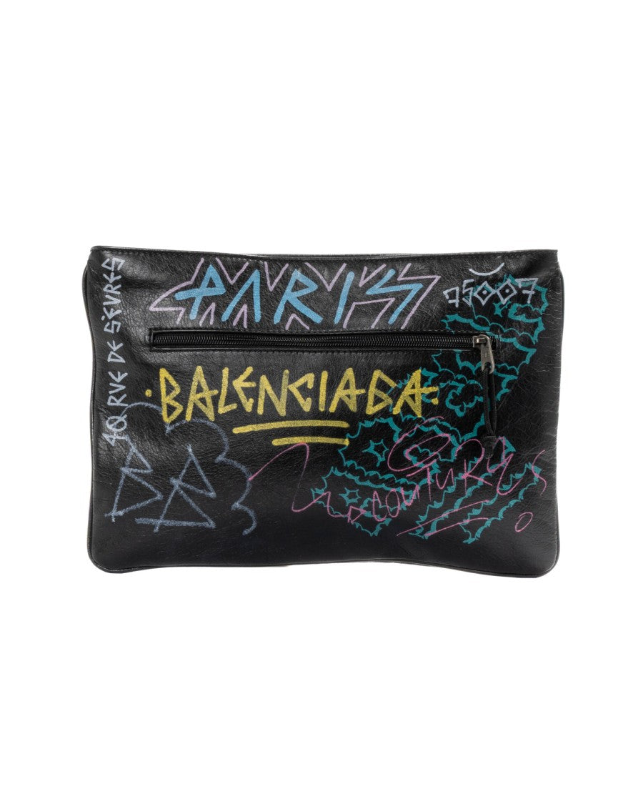 Balenciaga Black Explorer Graffiti Medium Leather Clutch