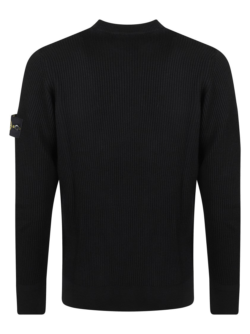 Stone Island Ribbed Textured Black Sweater With Distinctive Logo Patch