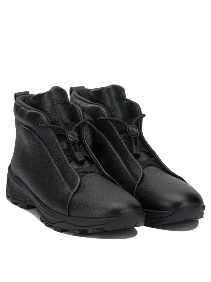 Zegna Mid-Top Black Ankle Boots With Toggle Lace System And Rugged Sole