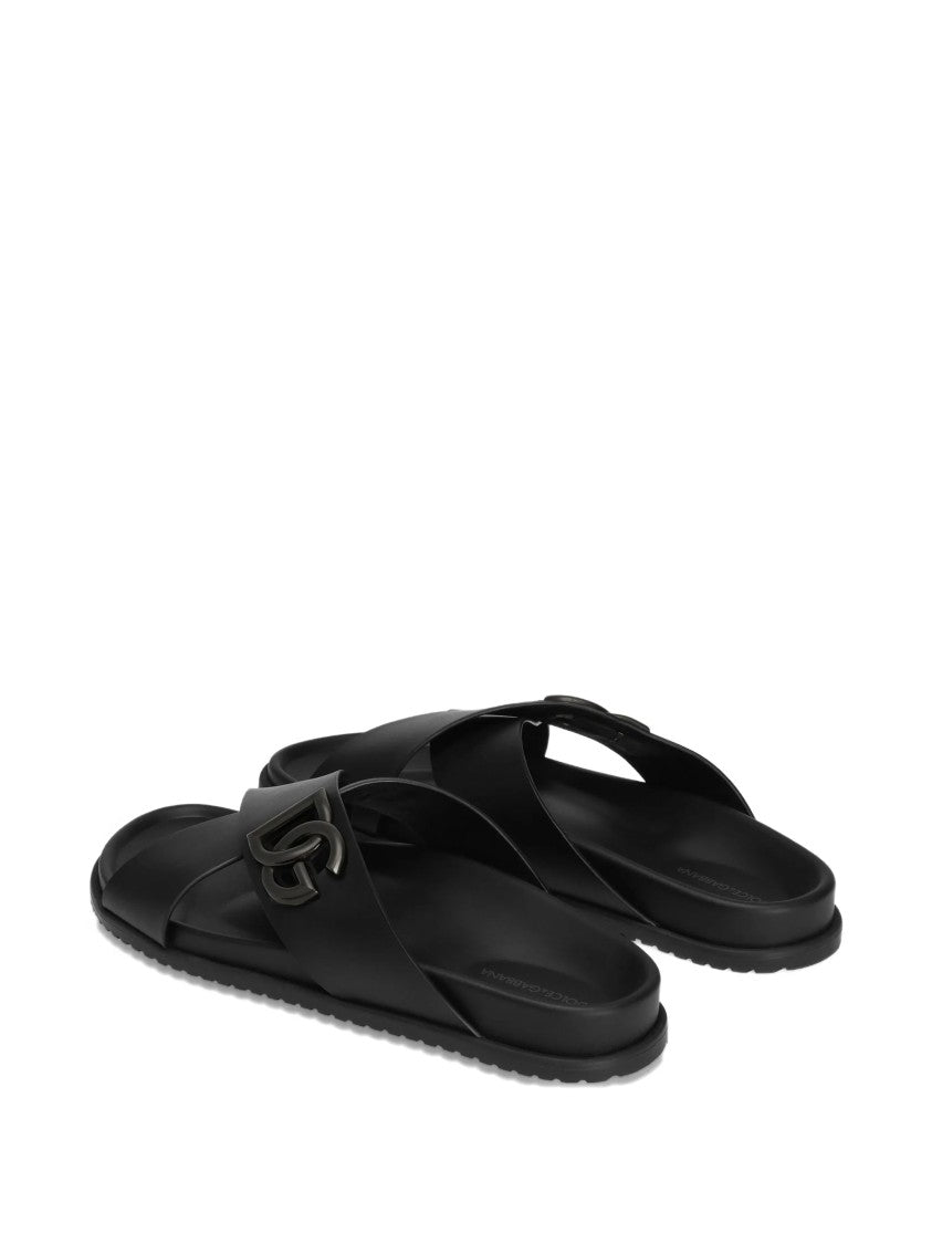 Dolce & Gabbana Black Leather Crisscross Strap Logo Sandals