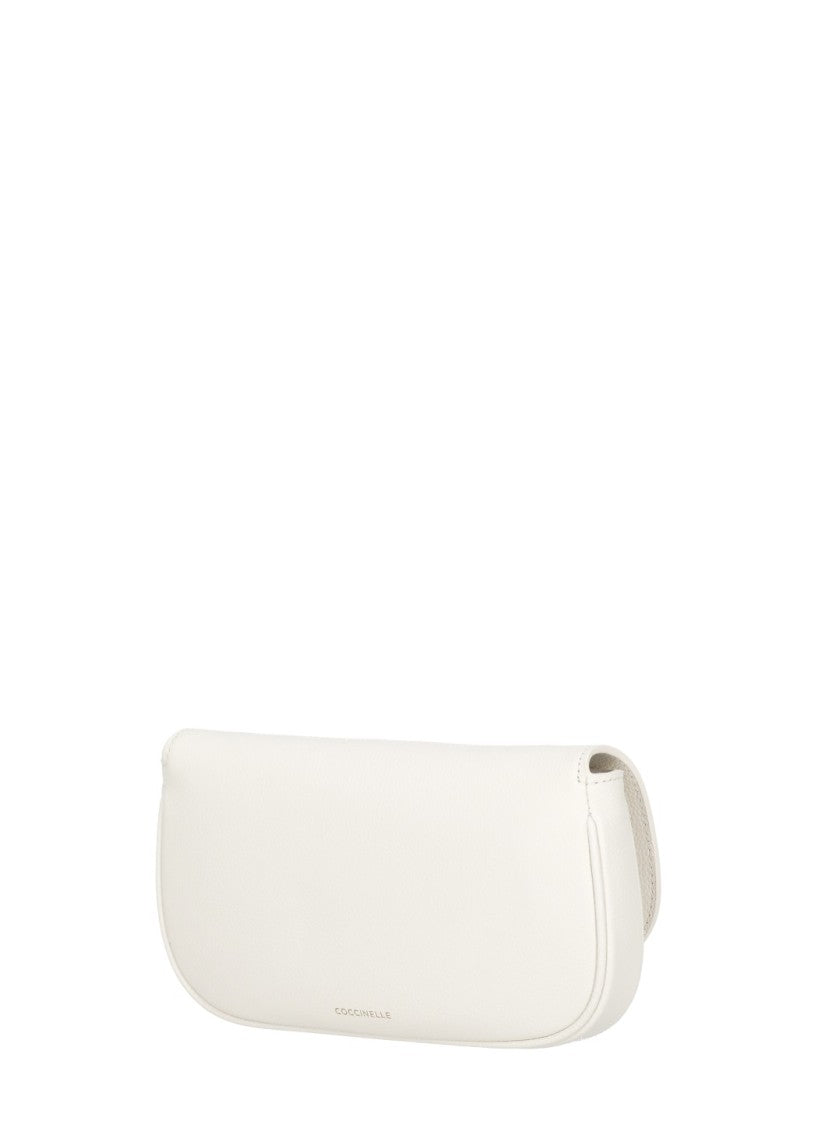 Coccinelle Ivory Leather Shoulder Bag With Adjustable Strap And Flap Closure
