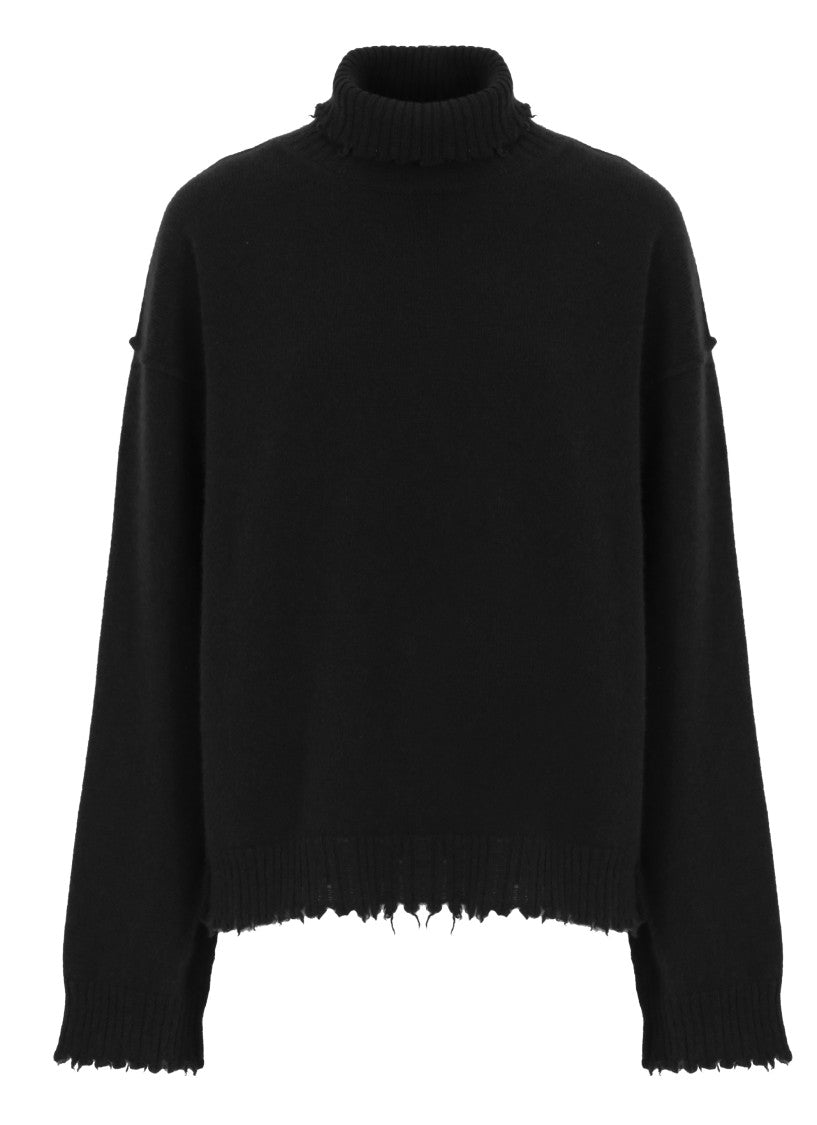 Uma Wang High Neck Black Cashmere Sweater With Ribbed Trims