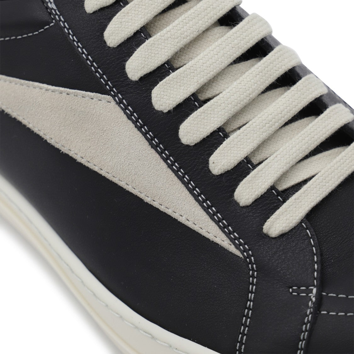 Rick Owens Black Leather White Stitching Sneakers