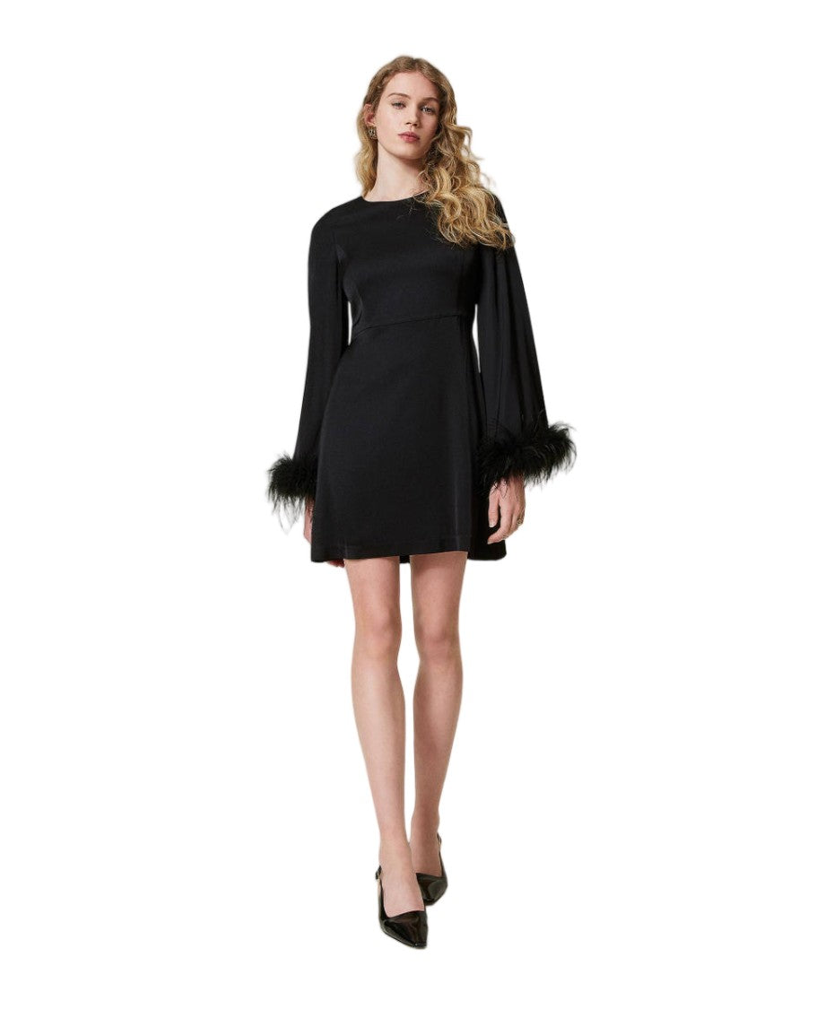 Twin-Set Black Viscose Satin Feather-Trimmed Cuffs Mini Dress