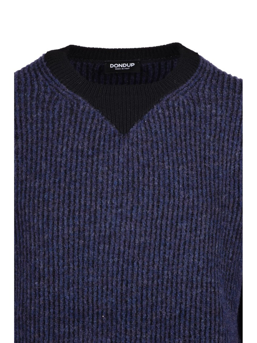Dondup Deep Blue Ribbed Trims Wool-Blend Crewneck Sweater