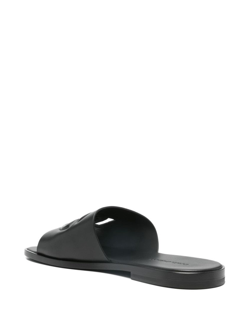 Dolce & Gabbana Black Calfskin Slide Embossed Branded Leather Slide