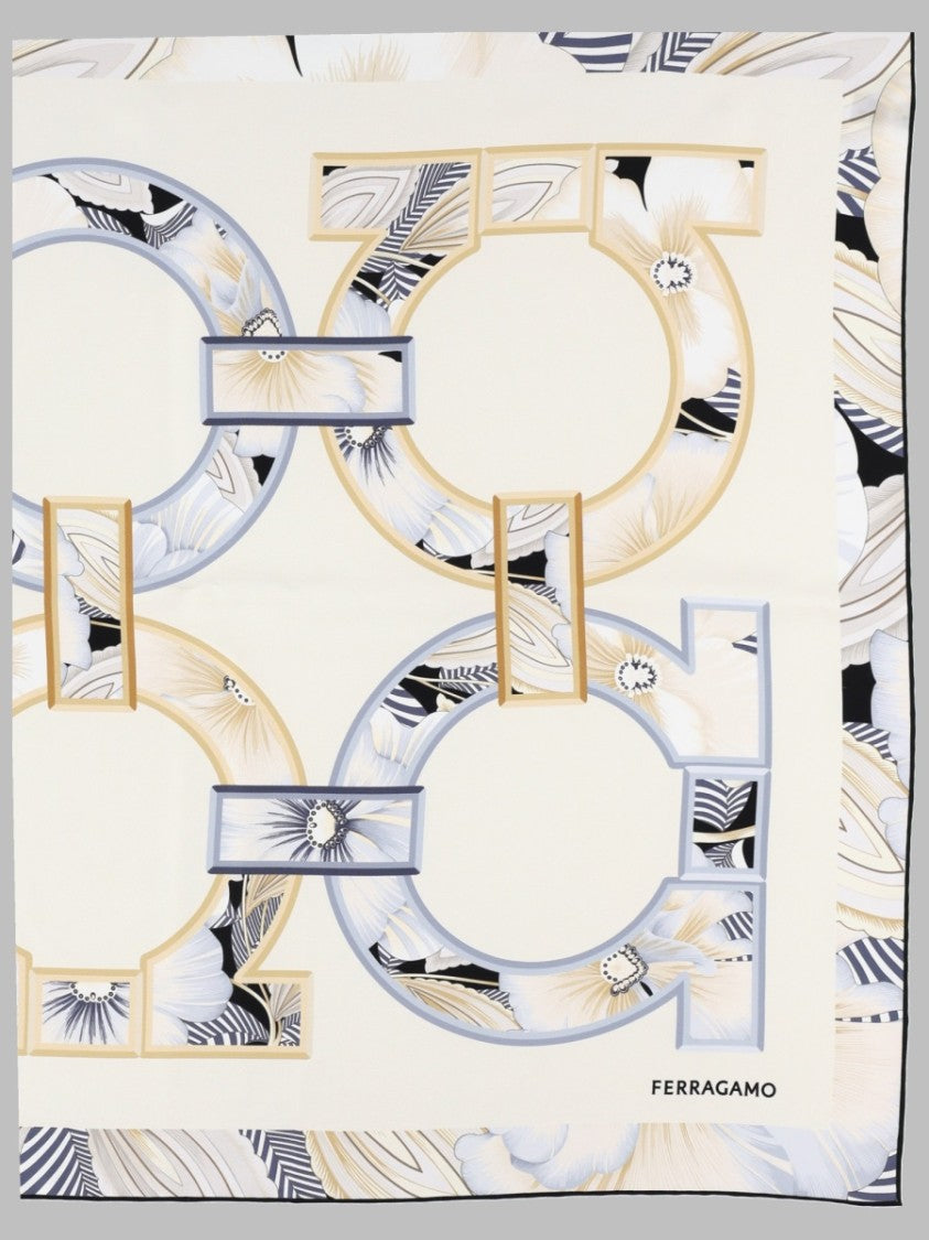 Ferragamo Ivory Square Scarf With Geometric And Floral Patterns