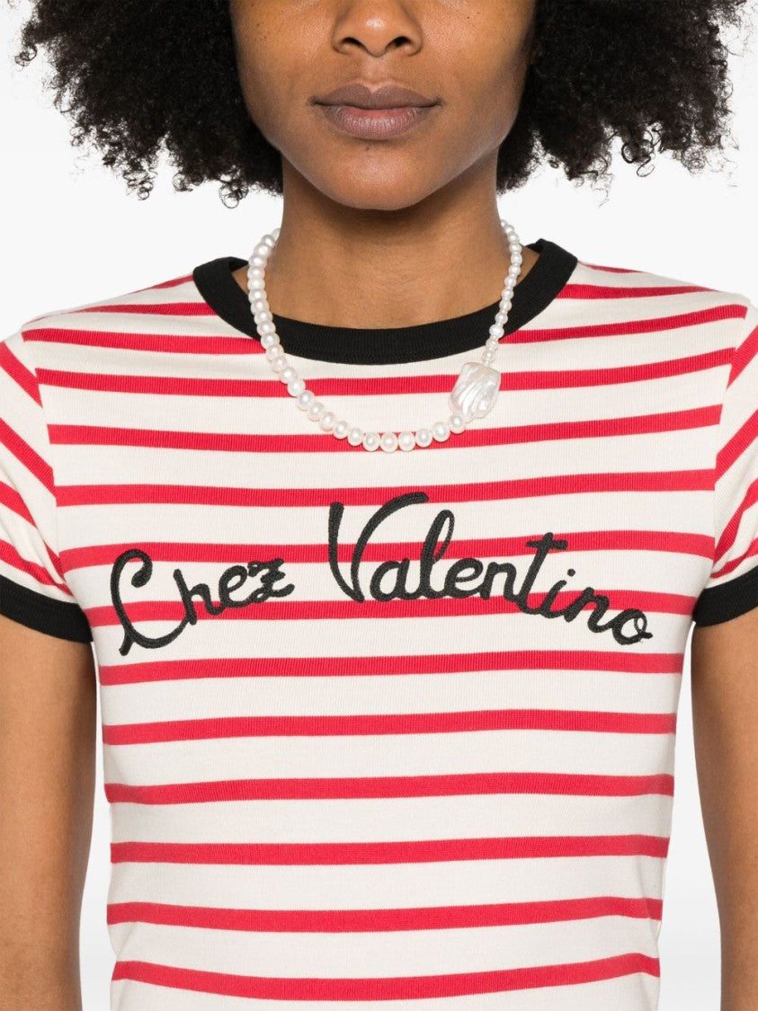 Valentino White And Red Striped Cotton T-Shirt