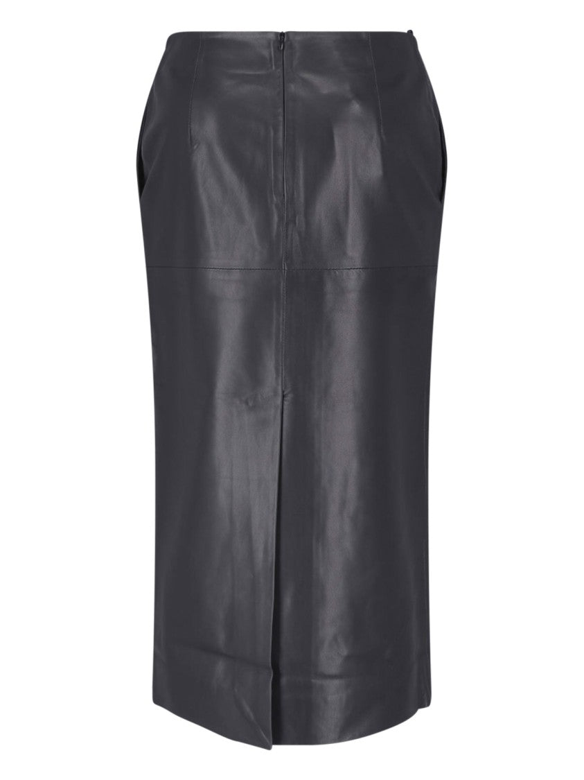 Almada Fitted Black Leather Midi Skirt With Back Zip Closure