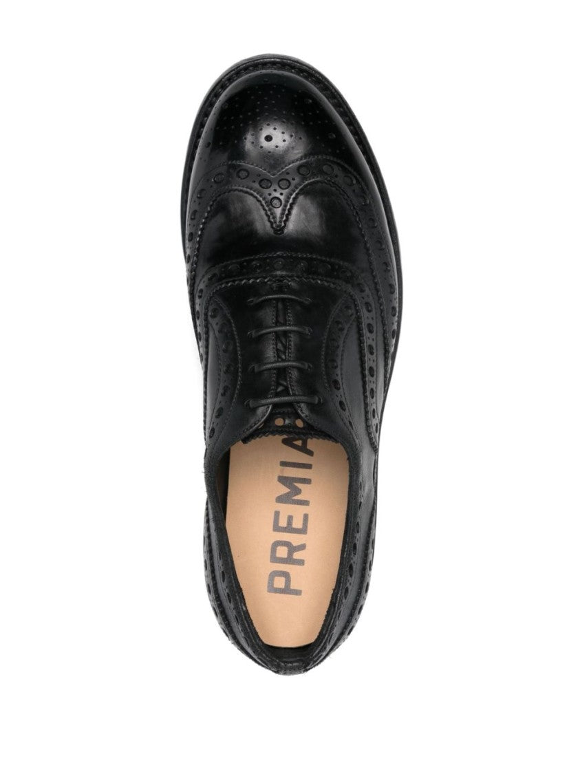 Premiata Black Lace Up Perforated Leather Flats