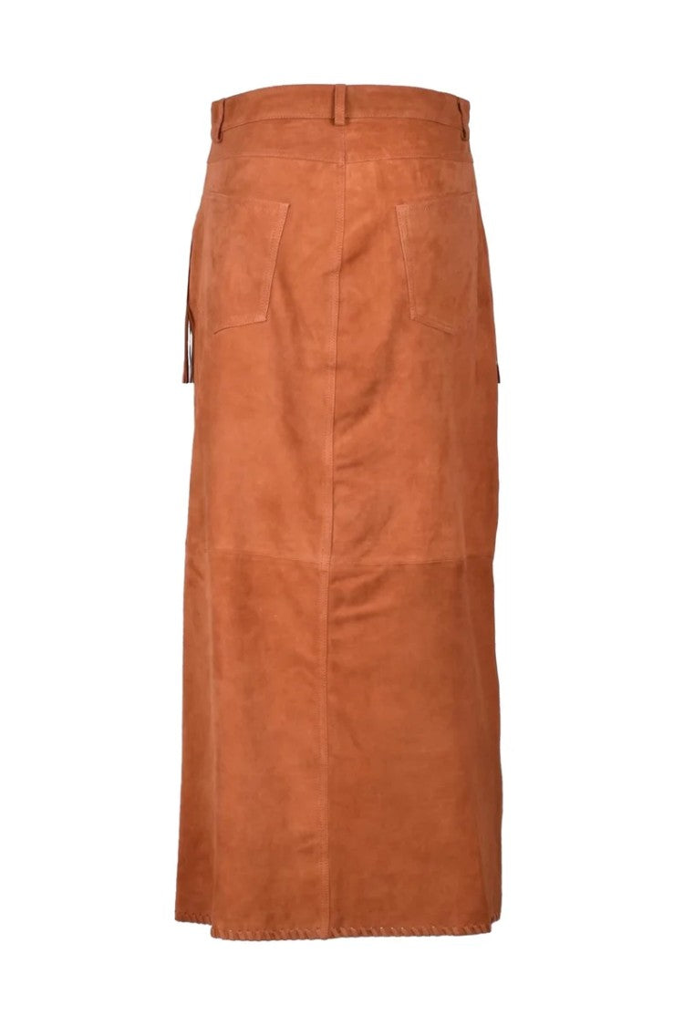 Wild Cashmere Long Suede Leather Skirt - Cognac