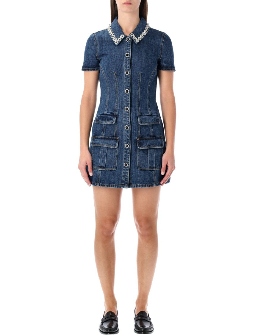 Self-Portrait Denim Mini Dress With Crystal-Embellished Collar