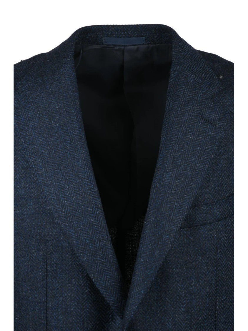Caruso Rounded Wool Jacket With Two-Button Closure And Multicolor Herringbone Pattern
