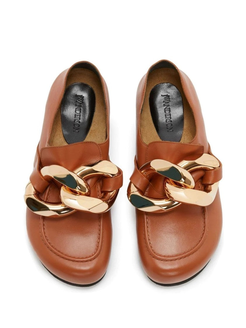 J. W. Anderson Orange Leather Loafers With Oversized Gold Chain Detail