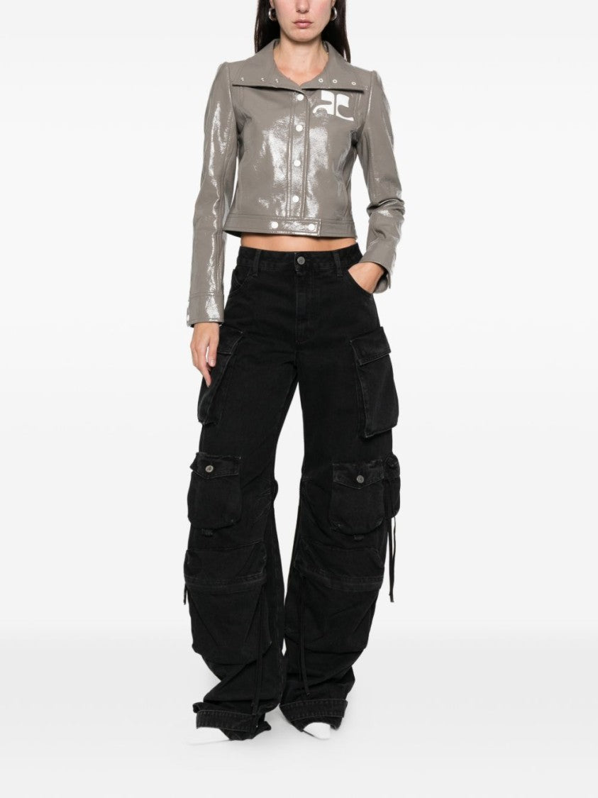 Courrèges Cropped Grey Jacket With Glossy Patent Finish And Bold Logo