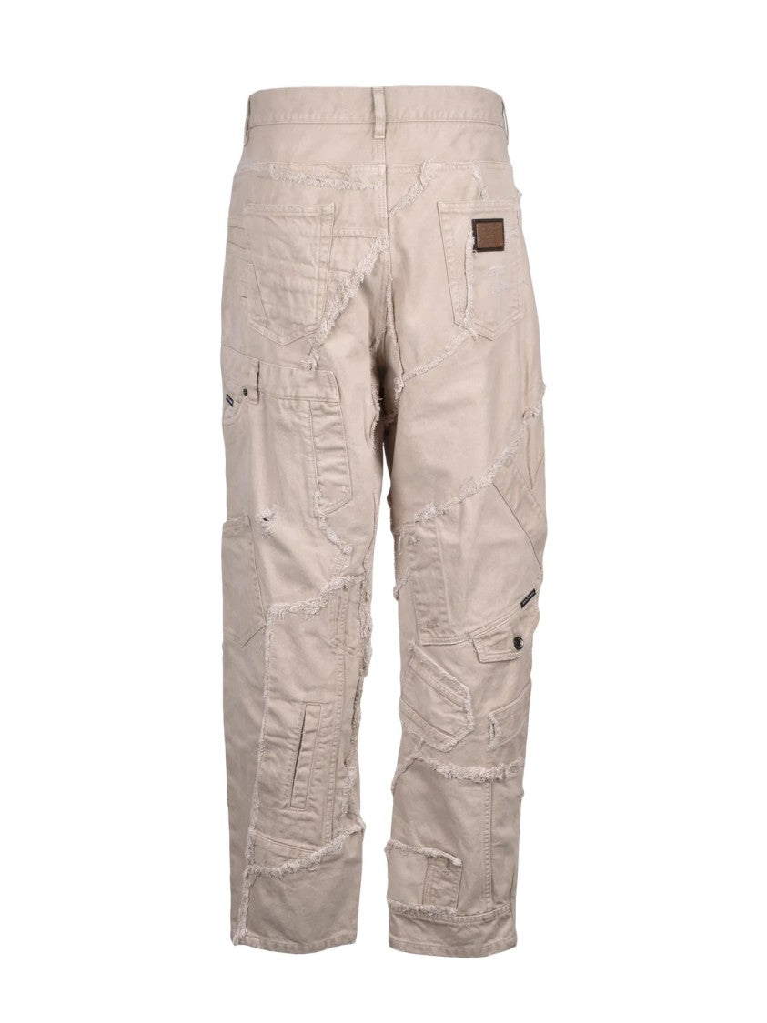 Dolce & Gabbana Beige Patchwork Distressed Cotton Cargo Jeans