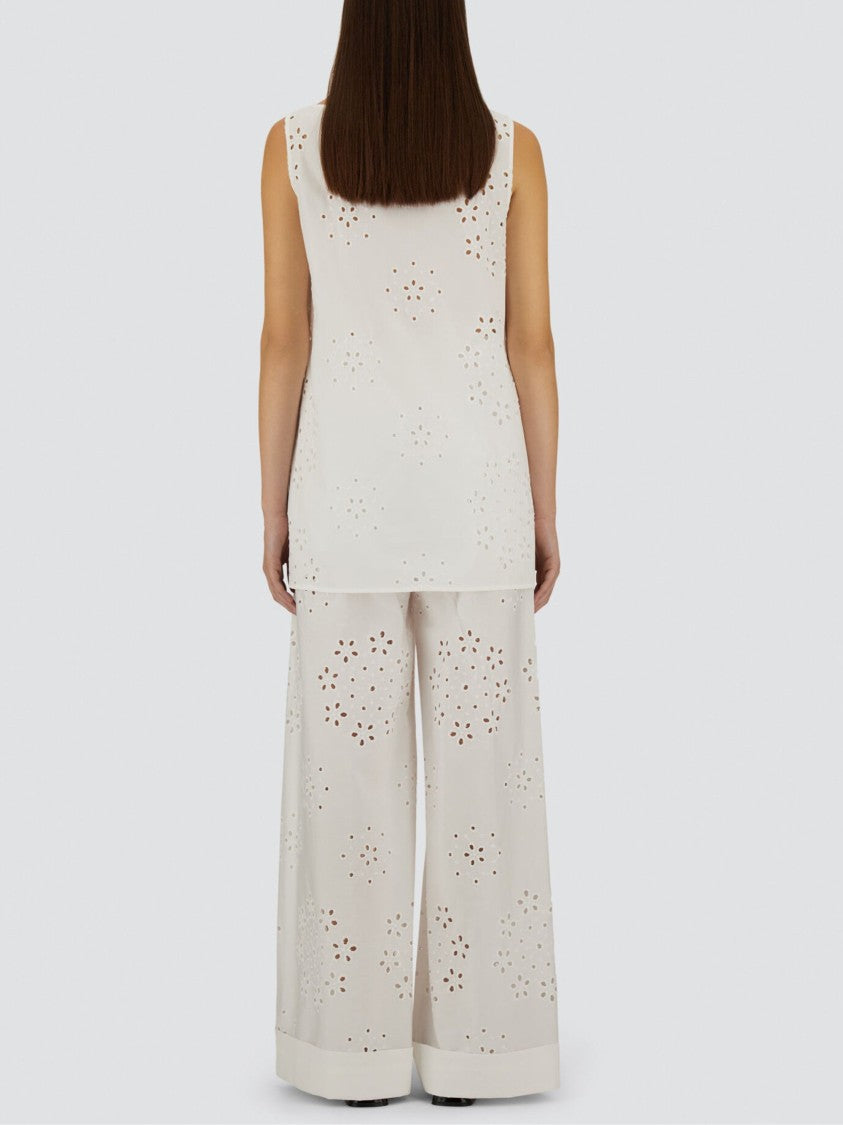 Herno White Raised Embroidery Cotton Wide-Leg Pants