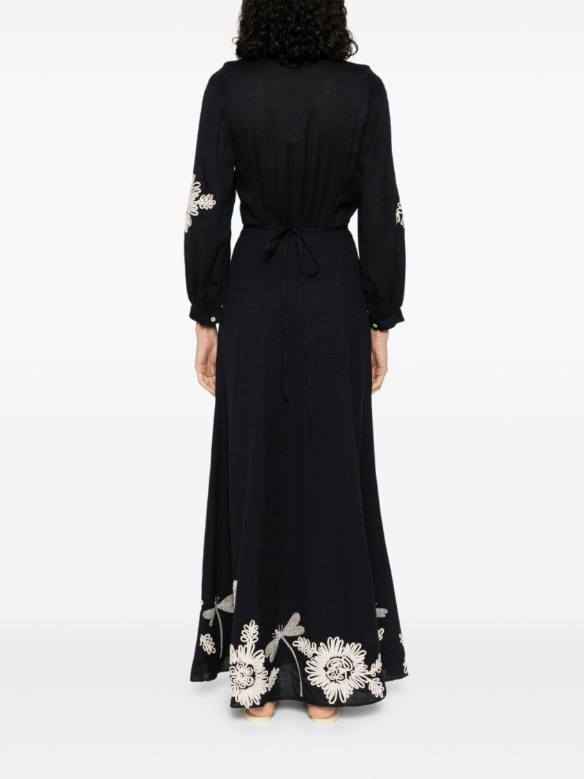 Forte Forte Wrap-Style Black Maxi Dress With Floral Embroidery