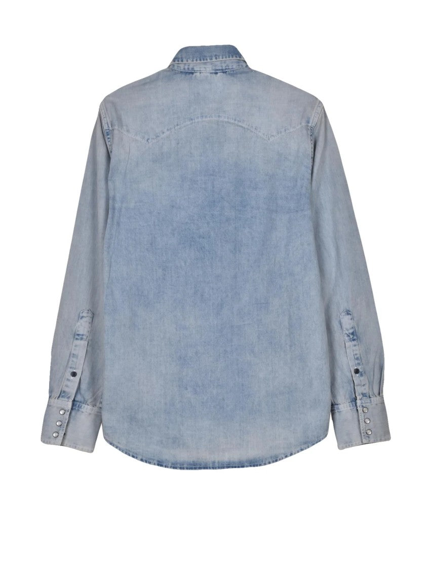 Replay Light Blue Snapped Cotton Denim Shirt