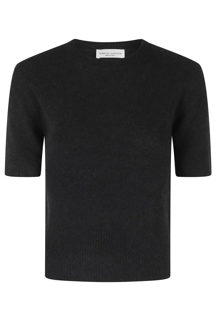 Roberto Collina Black Cashmere-Silk Crewneck Short-Sleeve Sweater
