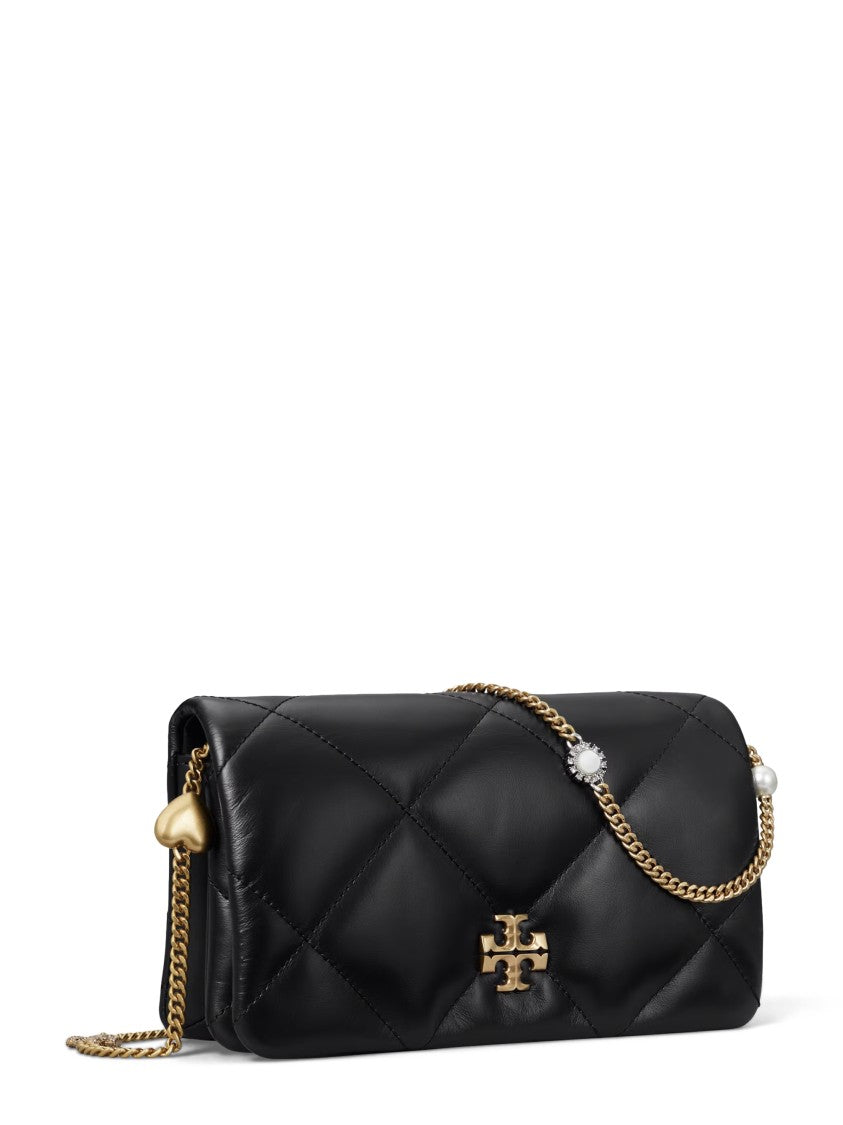 Tory Burch Quilted Black Leather Chain Wallet With Charm Accents