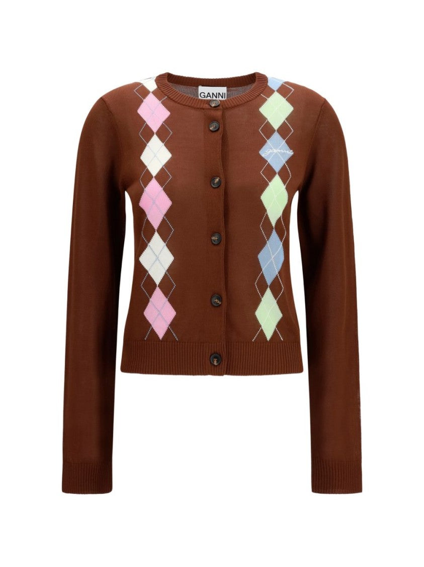 Ganni Black Cropped Argyle Button Cardigan