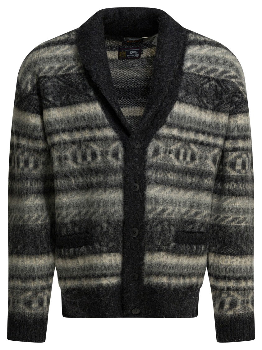 Beams Plus Button-Up Knitwear With Shawl Collar And Geometric Motifs