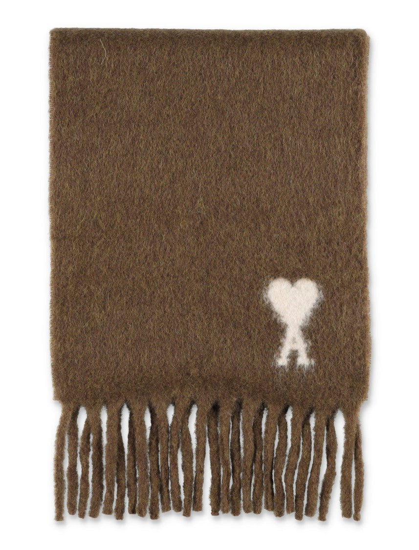 Ami Paris Alpaca And Wool Blend Scarf With Intarsia Logo