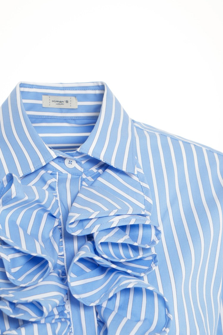 Himon's Blue Ruffled Blouse With Vertical Stripes