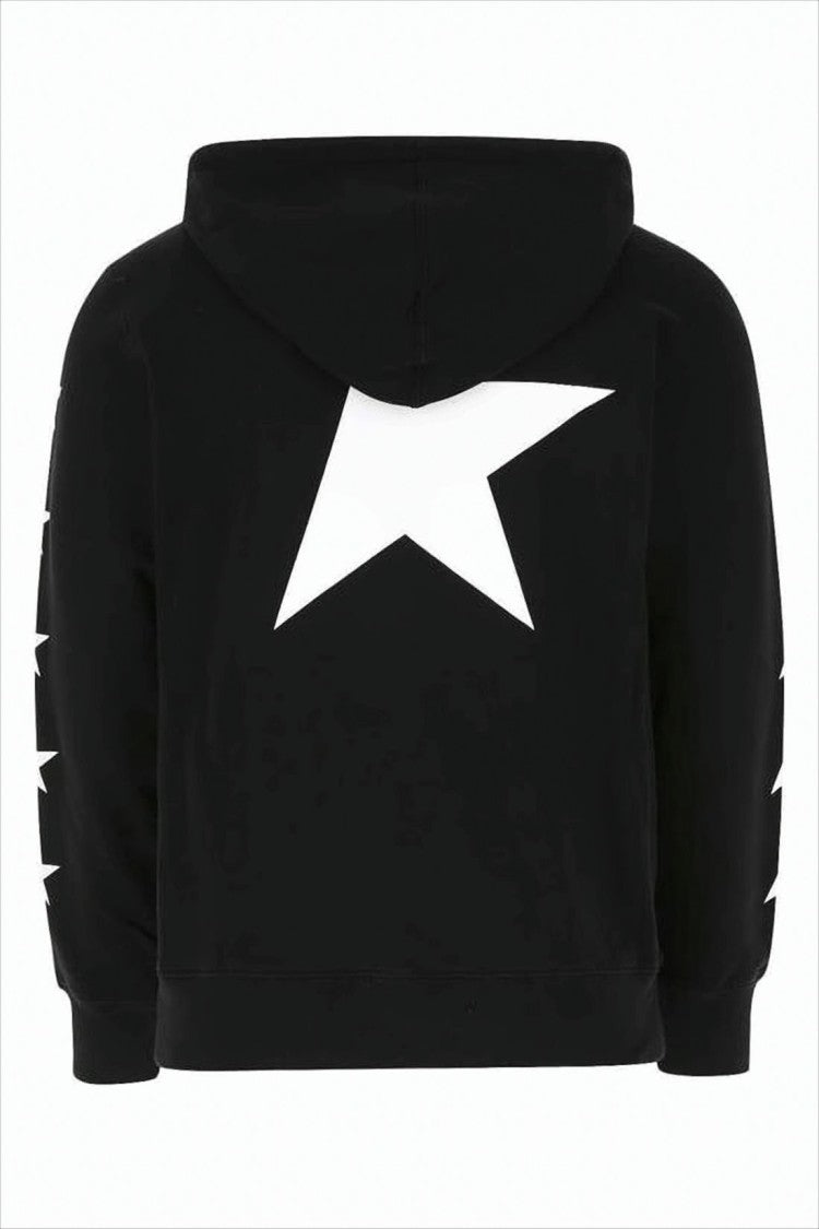 Golden Goose Cropped Black Hoodie With Star Graphics And Kangaroo Pocket